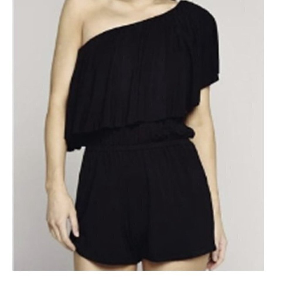 TRINA TURK Sunshine One Shoulder Ruffle Black Romper